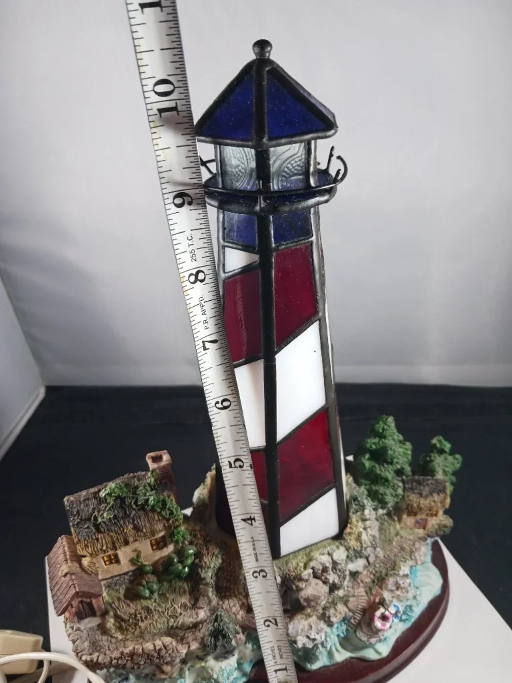 Vintage Stained Glass Lighthouse with Resin Houses on beach on Wood Base